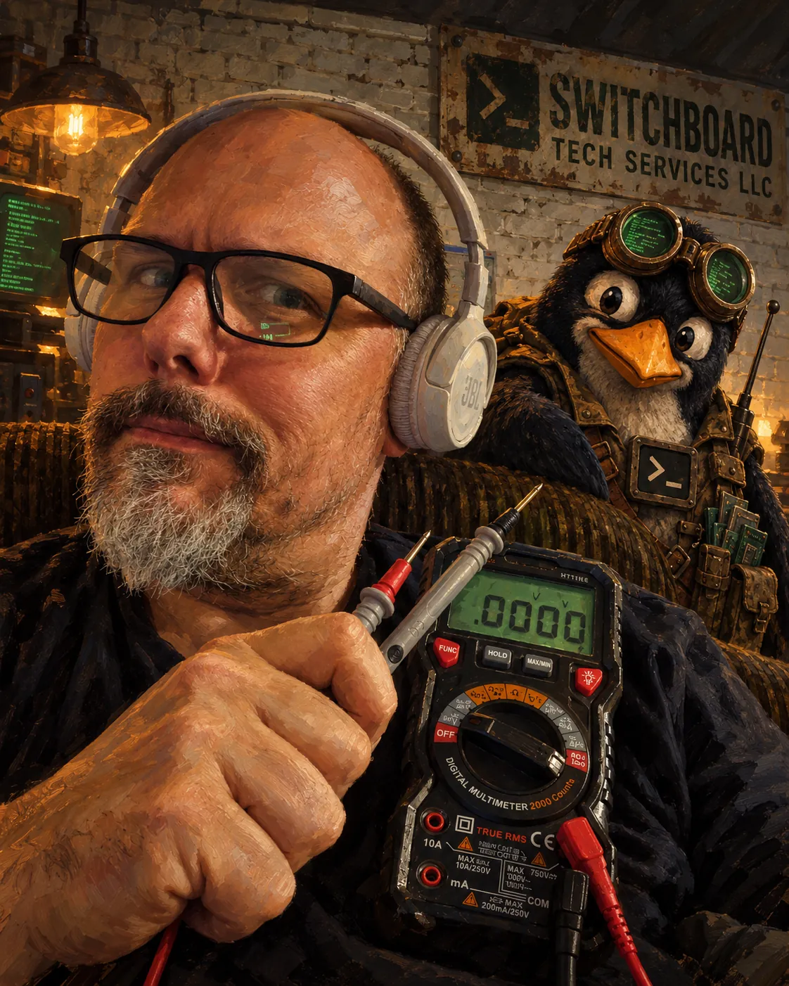 Leo at Switchboard Tech Services with Viatux and a multimeter
