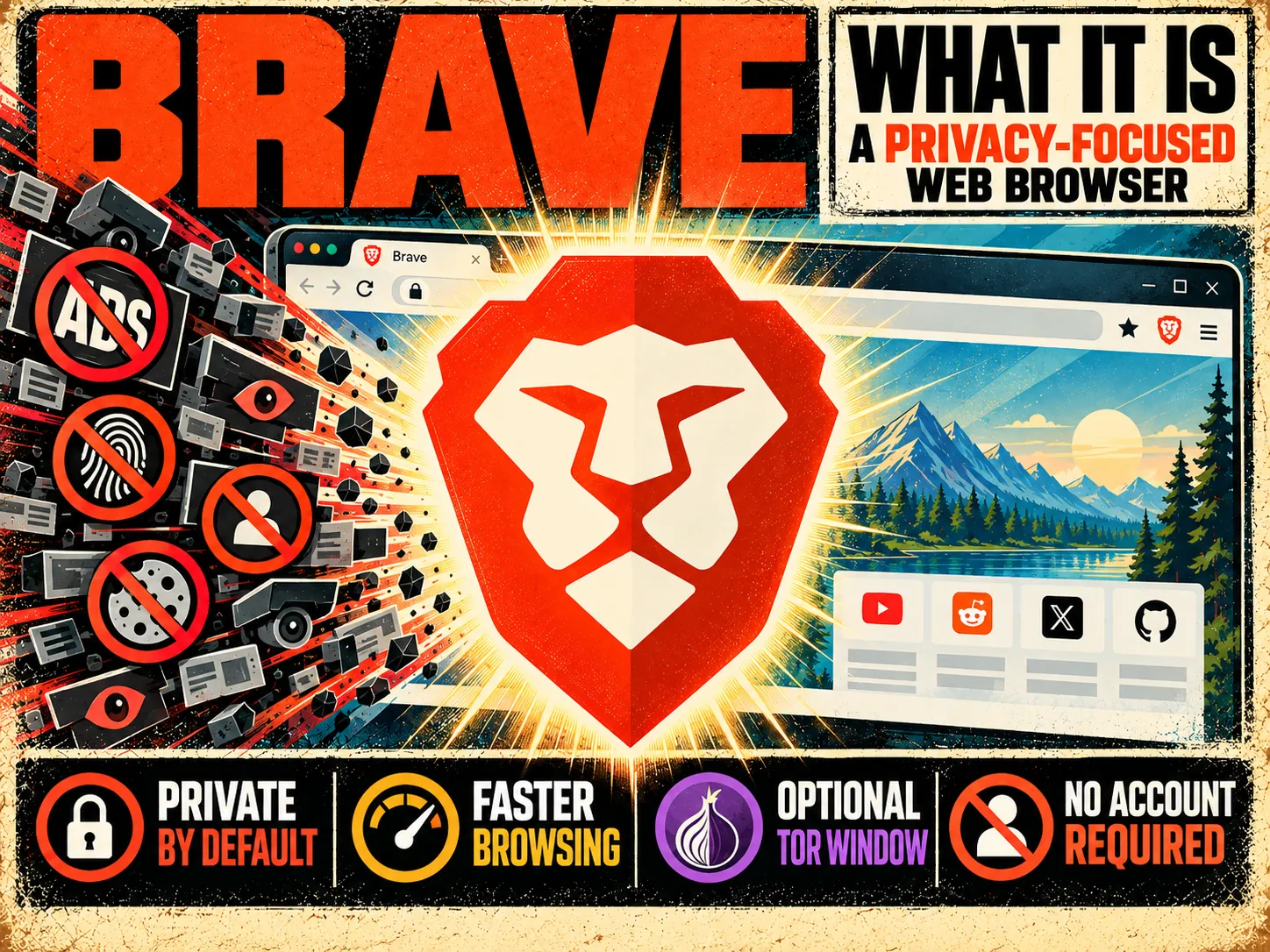 Brave browser poster with a lion shield blocking ads and trackers, plus privacy feature callouts.