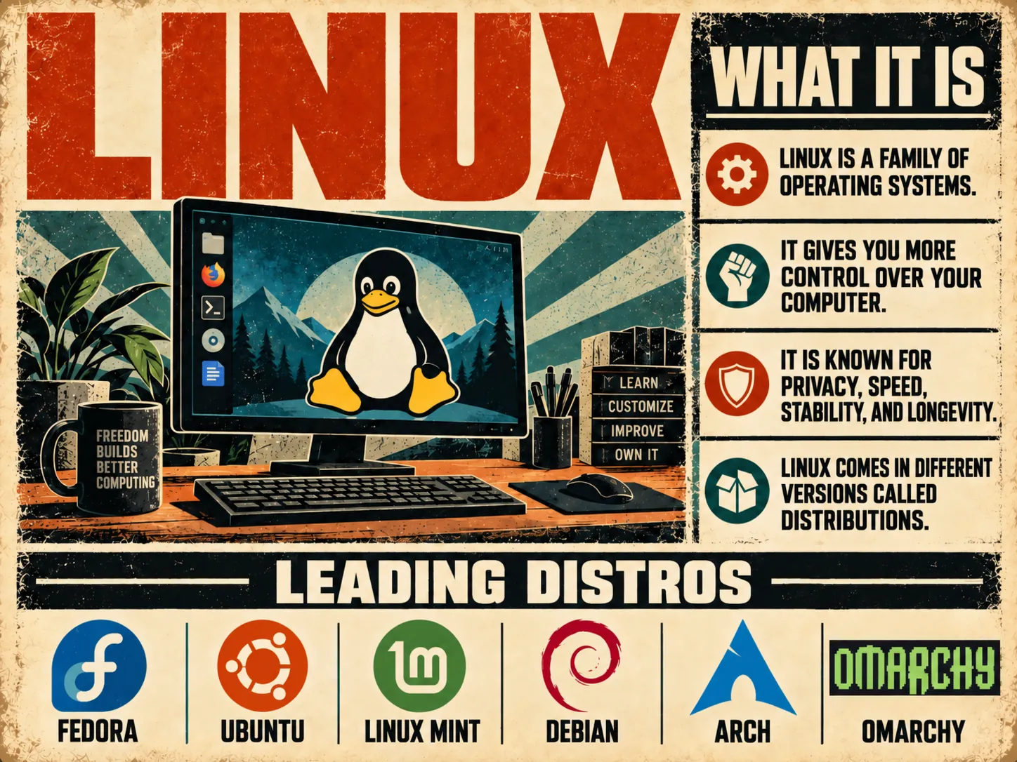 Linux poster showing Tux on a desktop with Fedora, Ubuntu, Linux Mint, Debian, Arch, and Omarchy logos.