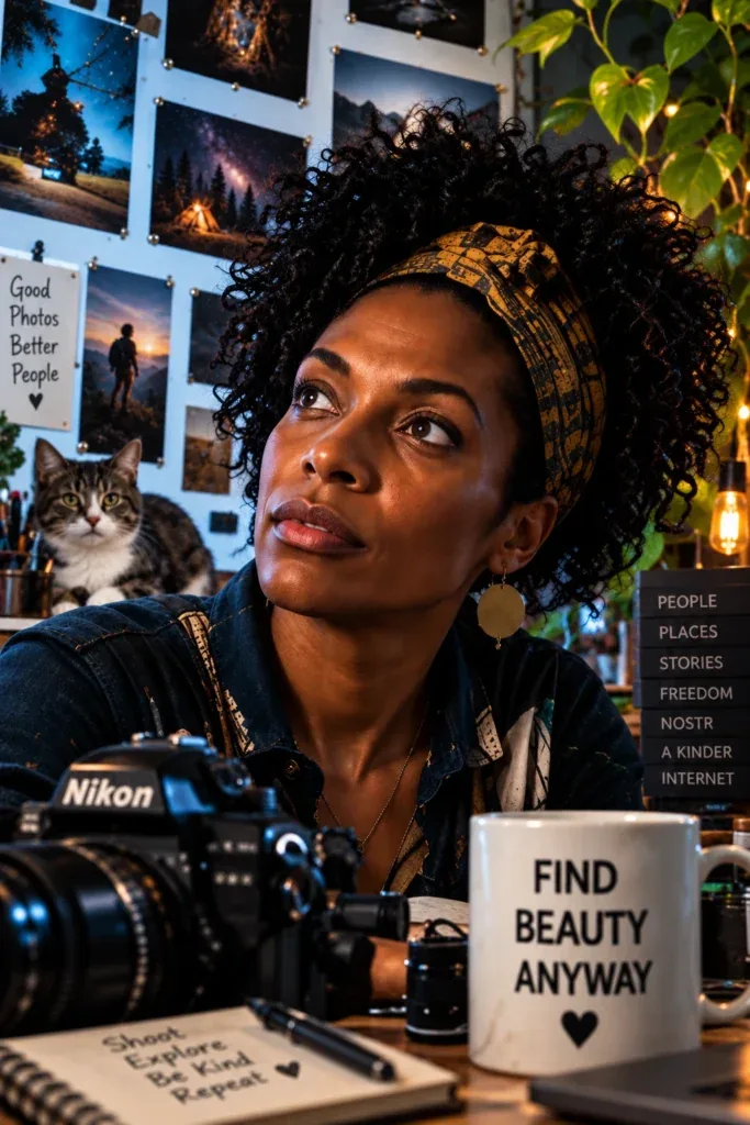 Nostr artist and photographer with Nikon camera, photo prints, and creative workspace