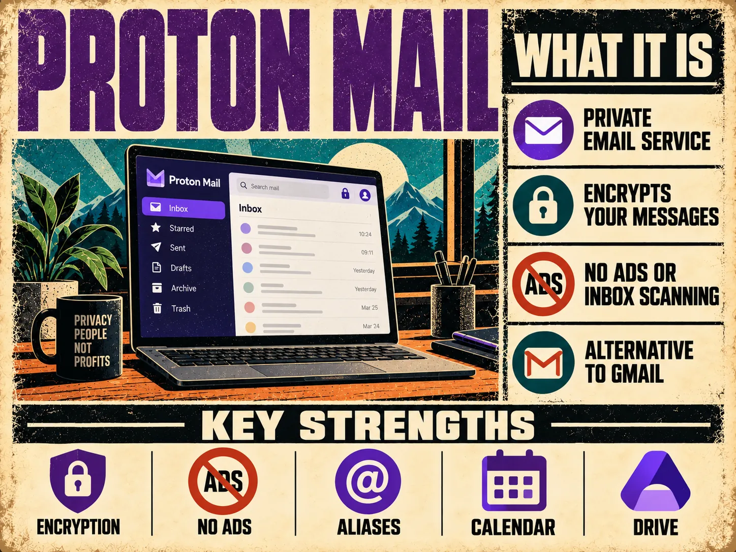 Proton Mail poster showing an email inbox and callouts for encryption, no ads, aliases, Calendar, and Drive.